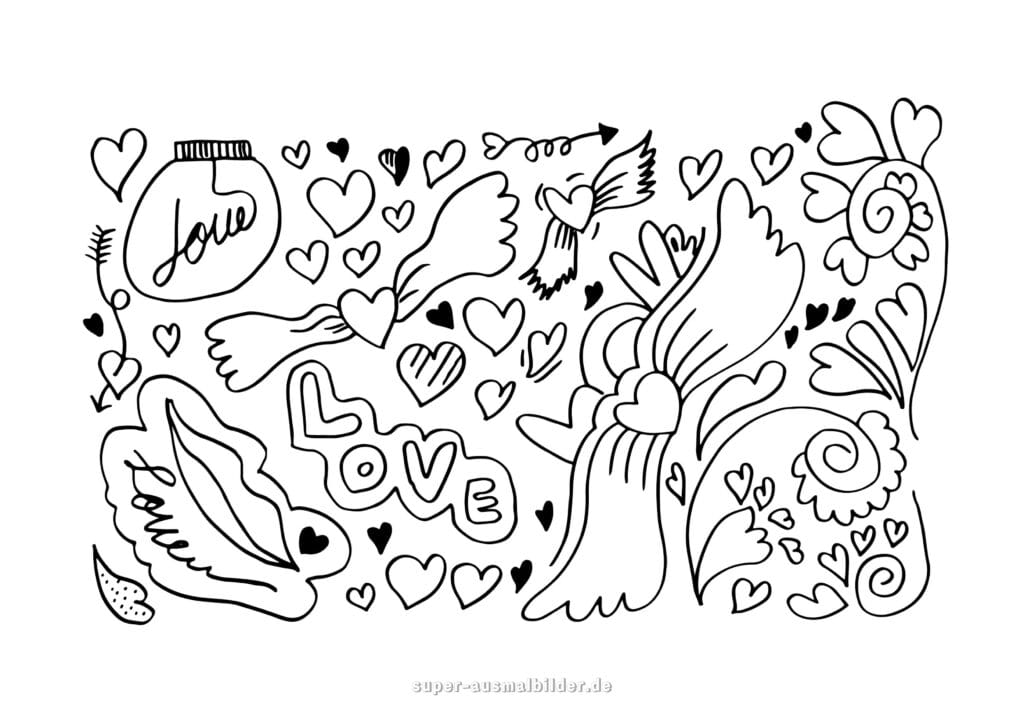 Ausmalbild Liebe und Herzen fantasievolle Malvorlage mit Taube, Herzen, Flügeln und Schriftzug LOVE , romantisches Motiv zum Valentinstag
