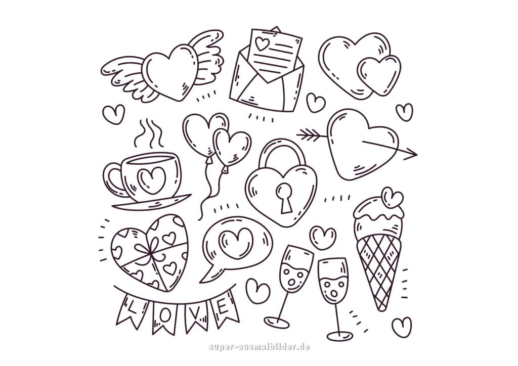 Ausmalbild Liebe und Herzen romantische Malvorlage mit Liebesbriefen, Luftballons, Kaffee, Schloss, Eis und Herzen, kostenlos zum Drucken und Ausmalen