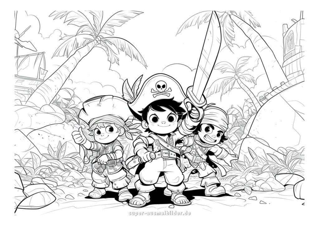 Ausmalbild Piraten – Kinder Piratenbande auf Tropeninsel, kostenlos zum Ausdrucken