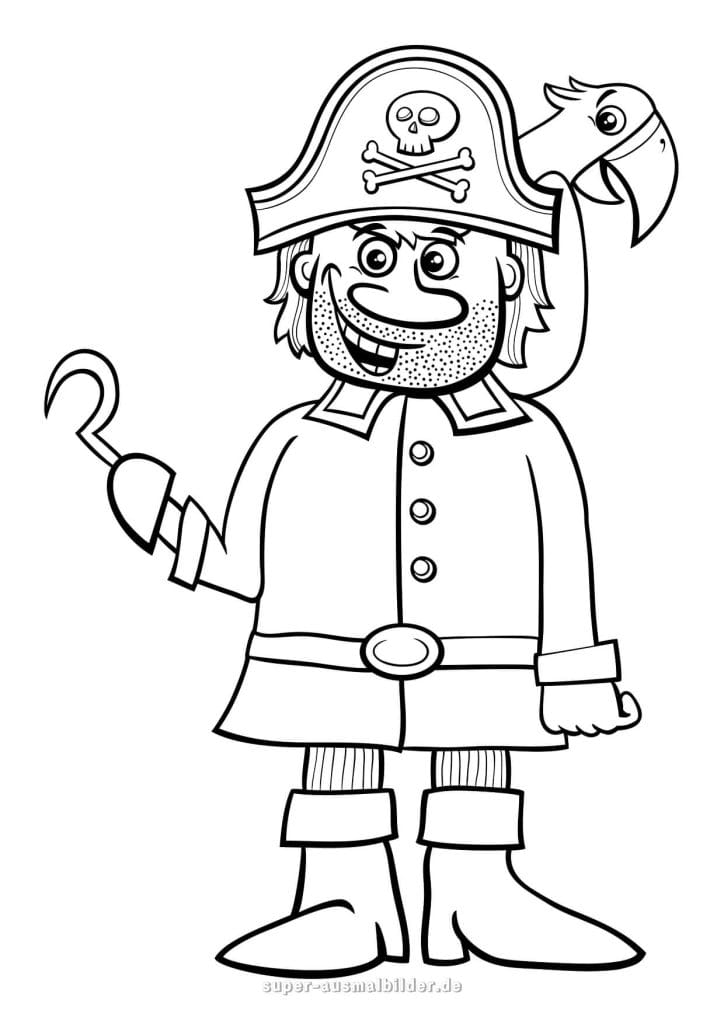 Ausmalbild Piraten – Pirat mit Hakenhand und Papagei auf Schulter, gratis ausdrucken