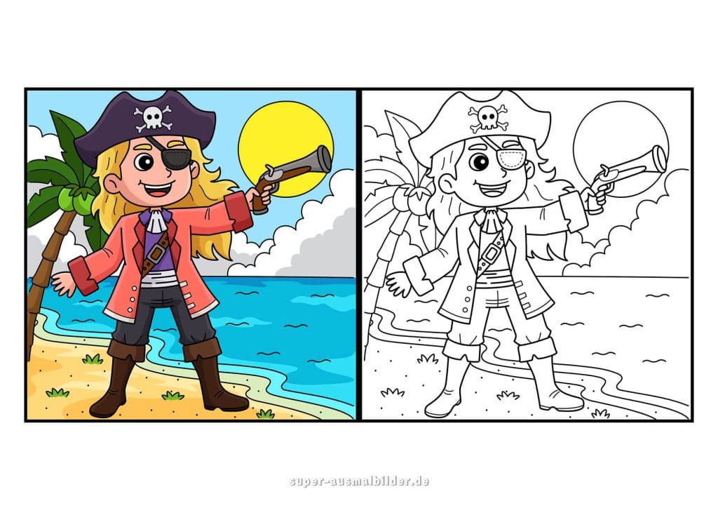 Ausmalbild Piraten – Piratenmädchen am Strand mit Augenklappe, kostenlos ausdrucken