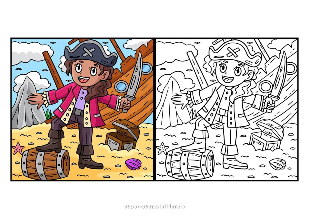 Ausmalbild Piraten – Piratin am Schiffswrack mit Säbel und Fässern, kostenlos drucken