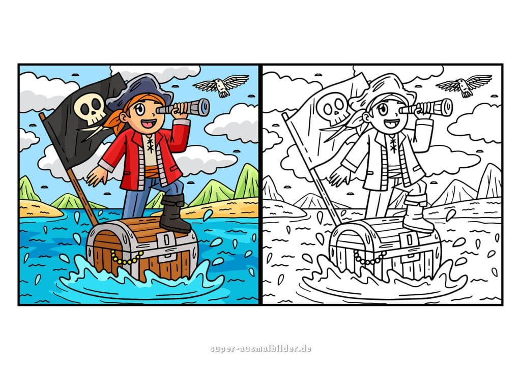 Ausmalbild Piraten – Piratin auf Schatztruhe im Meer mit Flagge, gratis ausdrucken