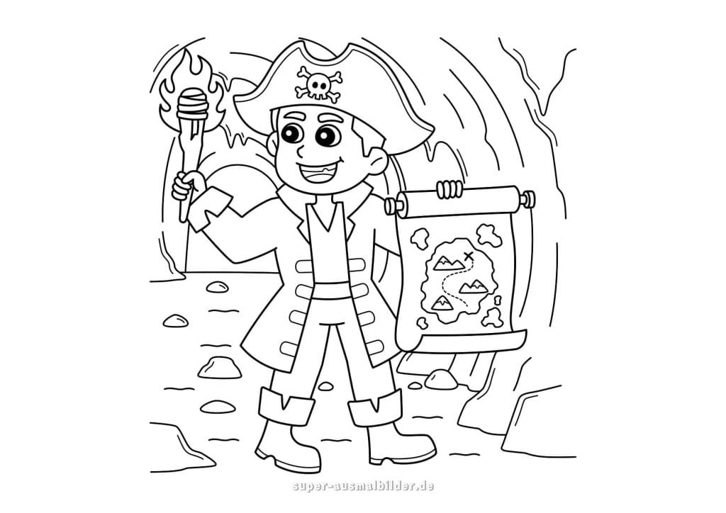 Ausmalbild Piraten – Schatzkarte und Fackel in der Höhle, kostenlos zum Ausdrucken