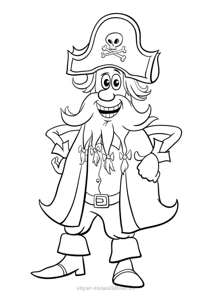 Ausmalbild Piraten – lustiger Piratenkapitän mit Hut und Bart, kostenlos zum Drucken