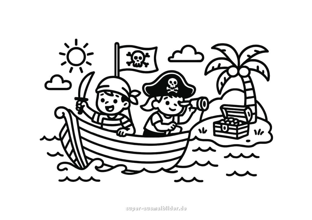 Ausmalbild Piratenschiff – Kinder im Boot vor Schatzinsel mit Truhe, gratis drucken