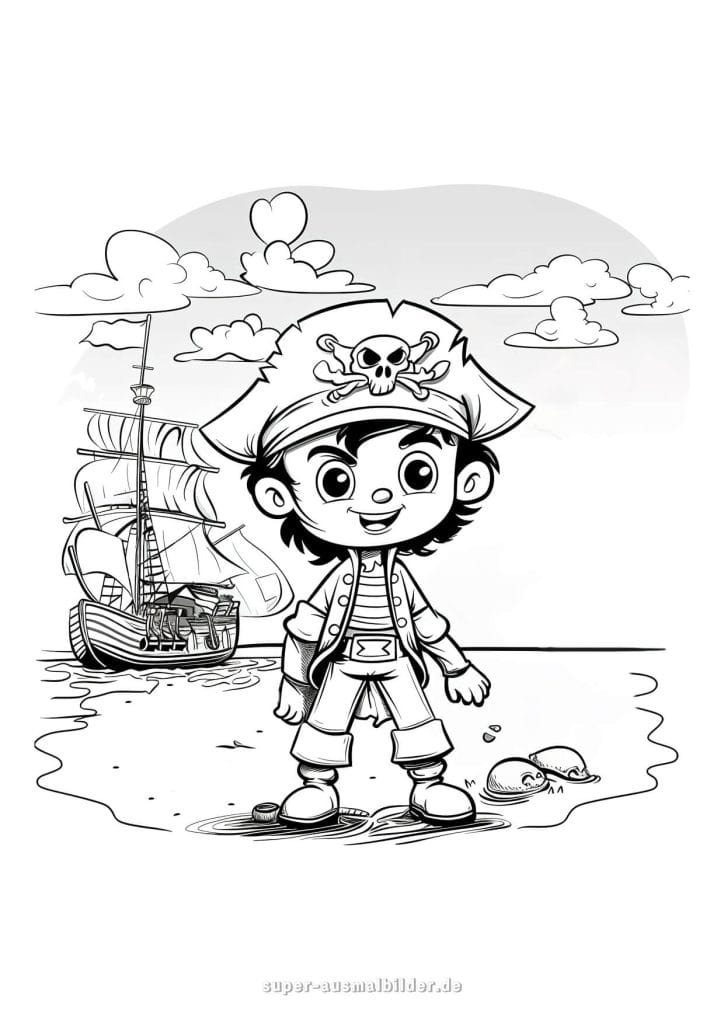 Ausmalbild Piratenschiff – junger Pirat am Strand mit Schiff, kostenlos ausdrucken