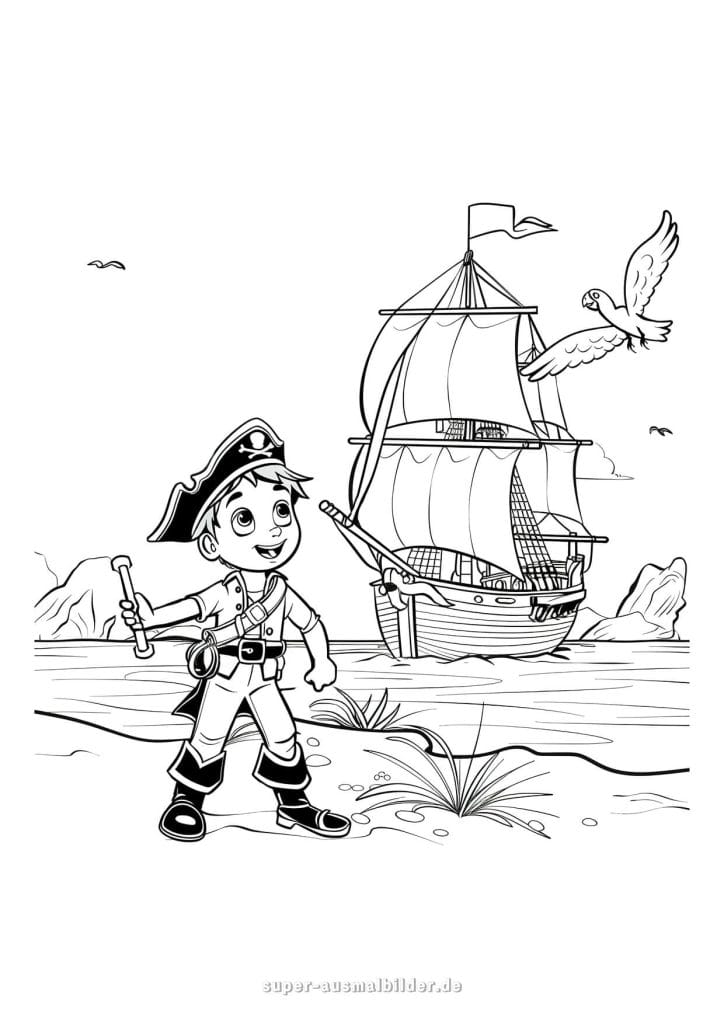 Ausmalbild Piratenschiff – kleiner Pirat mit Fernrohr vor großem Segelschiff, gratis