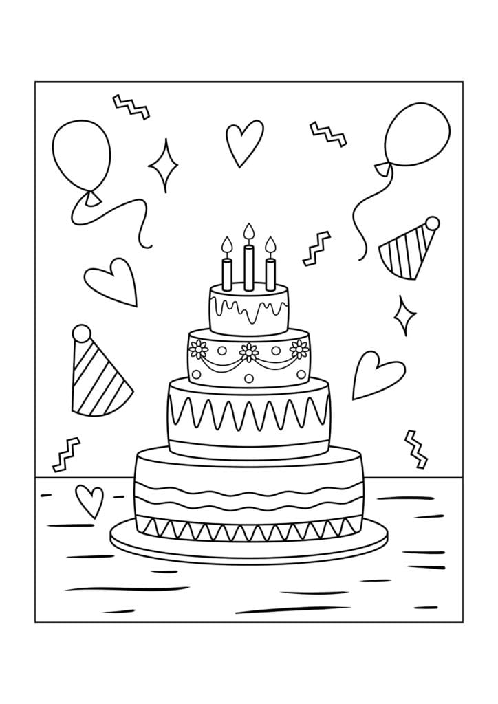 Ausmalbild dreistöckige Geburtstagstorte mit Luftballons und Herzen einfache Malvorlage für Kinder, kostenlos zum Ausdrucken