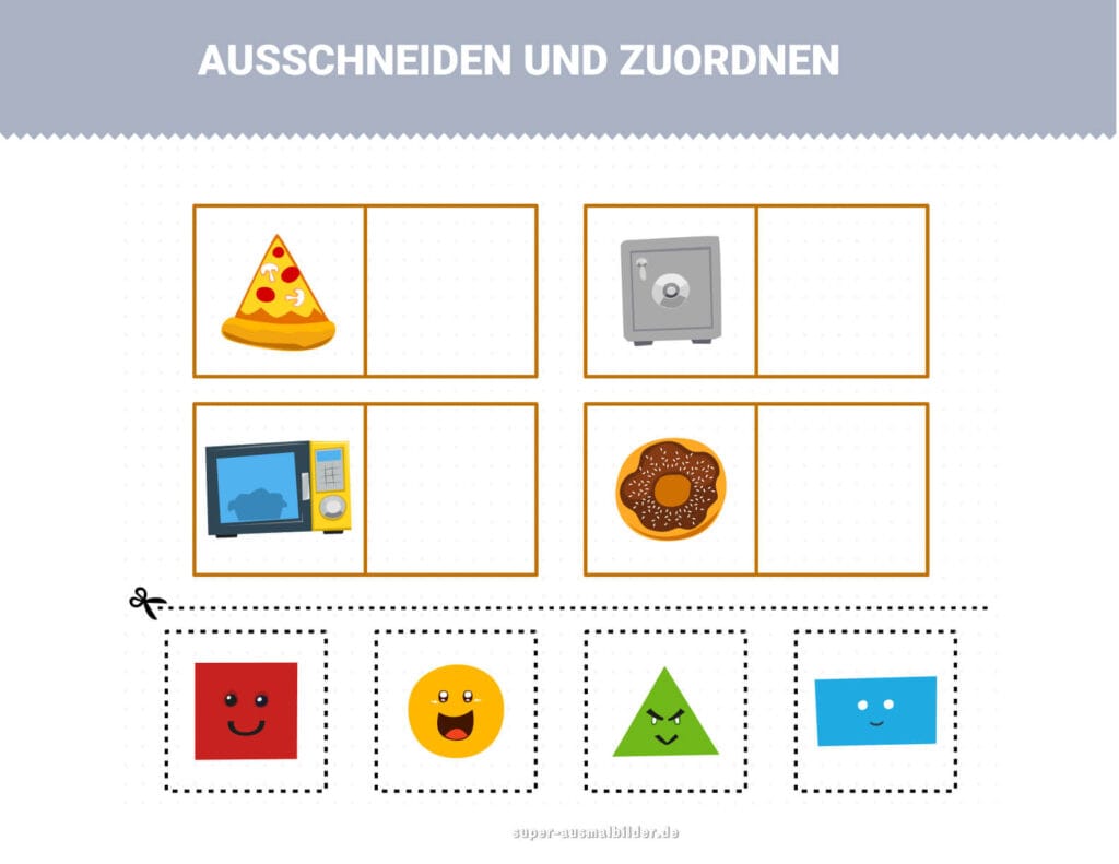Ausschneiden und Zuordnen Alltagsobjekte und Formen zuordnen, Lernspiel zur Farberkennung und Konzentration, gratis PDF