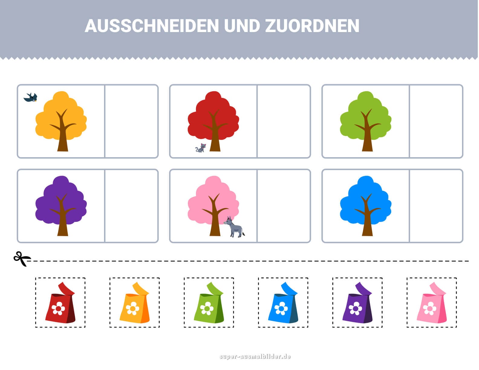 Ausschneiden und Zuordnen Bäume in verschiedenen Farben, Naturmotive zum Ausschneiden und Zuordnen, gratis druckbar
