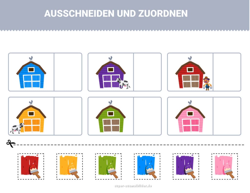 Ausschneiden und Zuordnen Bunte Scheunen und Farbtöpfe, Farben erkennen und Tiere zuordnen, kostenlos ausdrucken