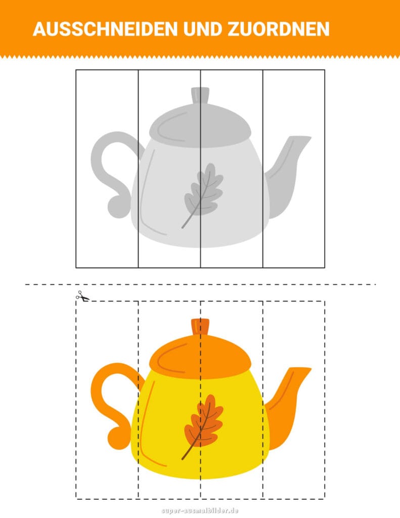Ausschneiden und Zuordnen Bunte Teekanne mit Blattmotiv, Herbst Puzzle zum Ausschneiden für Kinder, kostenlos ausdrucken