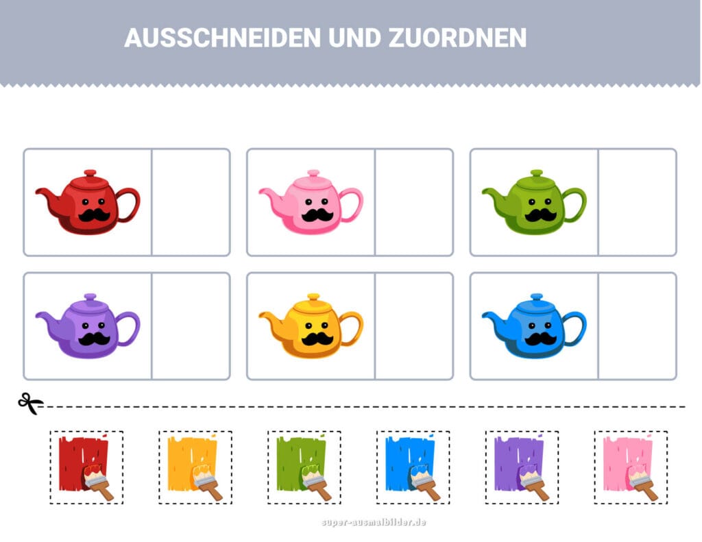 Ausschneiden und Zuordnen Bunte Teekannen und Farbtöpfe, Farberkennung und Zuordnungsspiel für Kinder, gratis Vorlage
