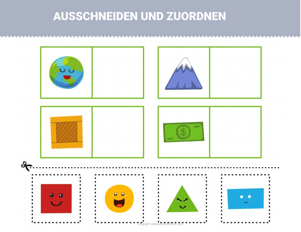 Ausschneiden und Zuordnen Formen und Objekte verbinden, Geometrie und logisches Denken für Vorschulkinder, kostenloses Lernblatt
