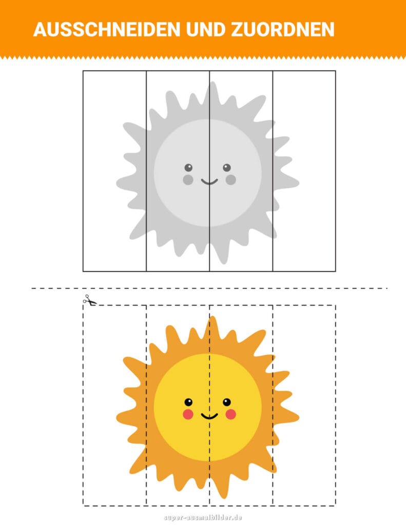 Ausschneiden und Zuordnen Fröhliche Sonne Puzzle für Kinder, Schneiden und Zuordnen lernen, gratis Vorlage