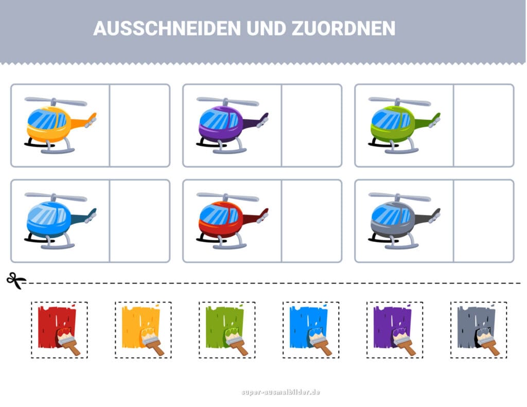 Ausschneiden und Zuordnen Hubschrauber mit Farbfeldern, Zuordnungsübung zur Förderung der Feinmotorik, kostenloses Arbeitsblatt
