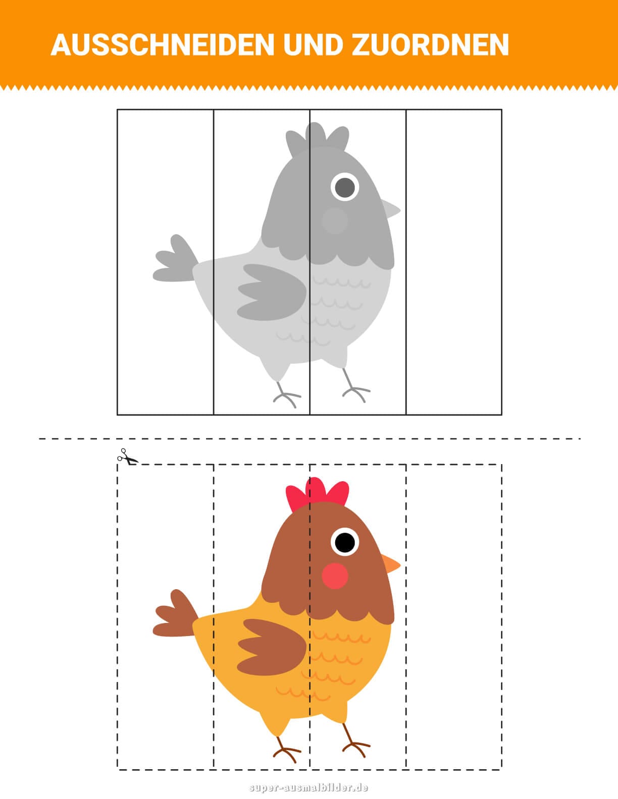 Ausschneiden und Zuordnen Lustiges Huhn Puzzle für Vorschulkinder, Schneiden und Kleben üben, gratis Arbeitsblatt