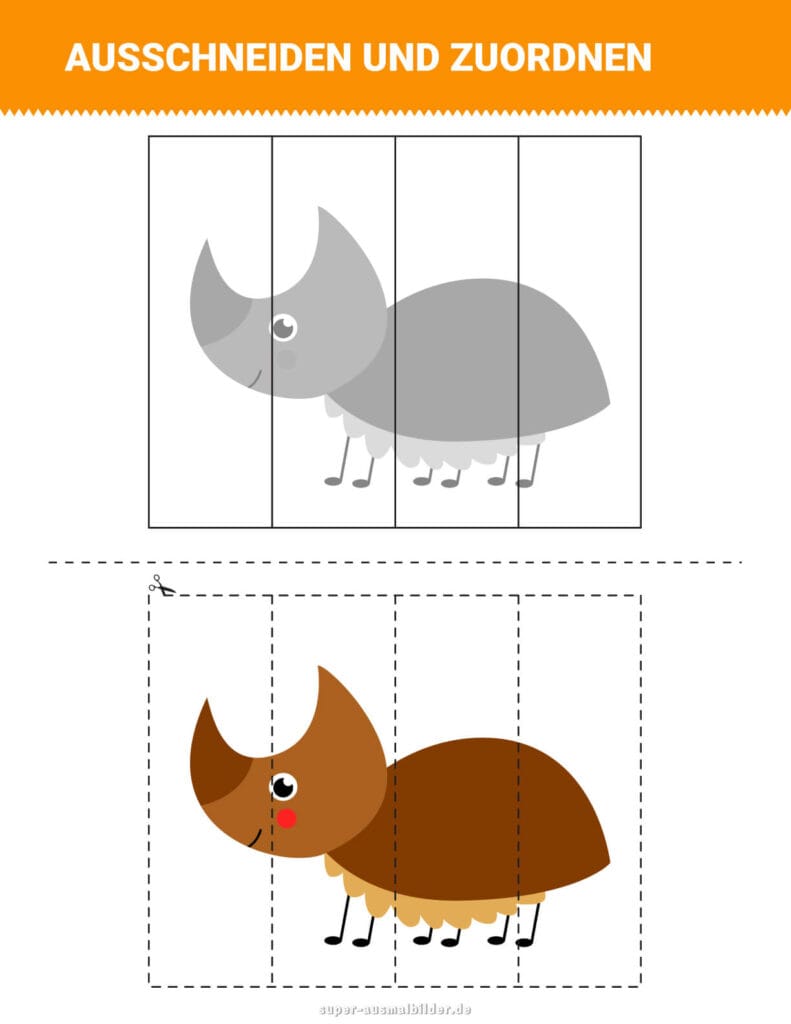 Ausschneiden und Zuordnen Nashornkäfer Puzzle zum Ausschneiden und Zusammensetzen, Konzentration üben, kostenlos