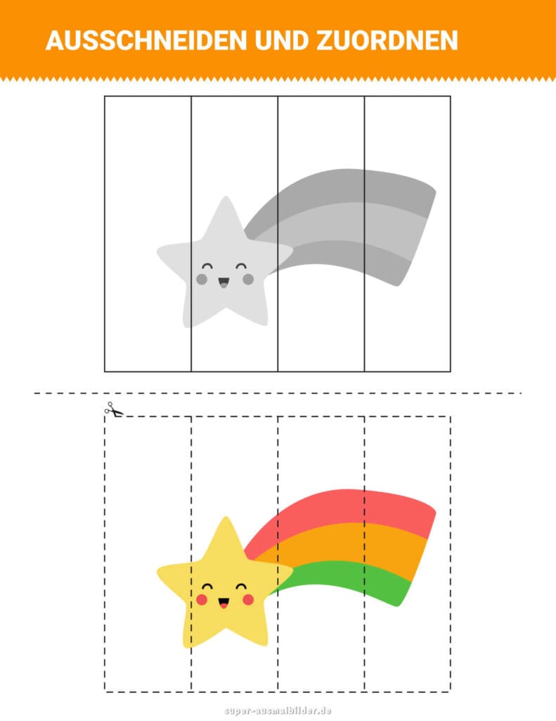 Ausschneiden und Zuordnen Sternschnuppe mit Regenbogen Puzzle, Farben erkennen und schneiden lernen, gratis PDF