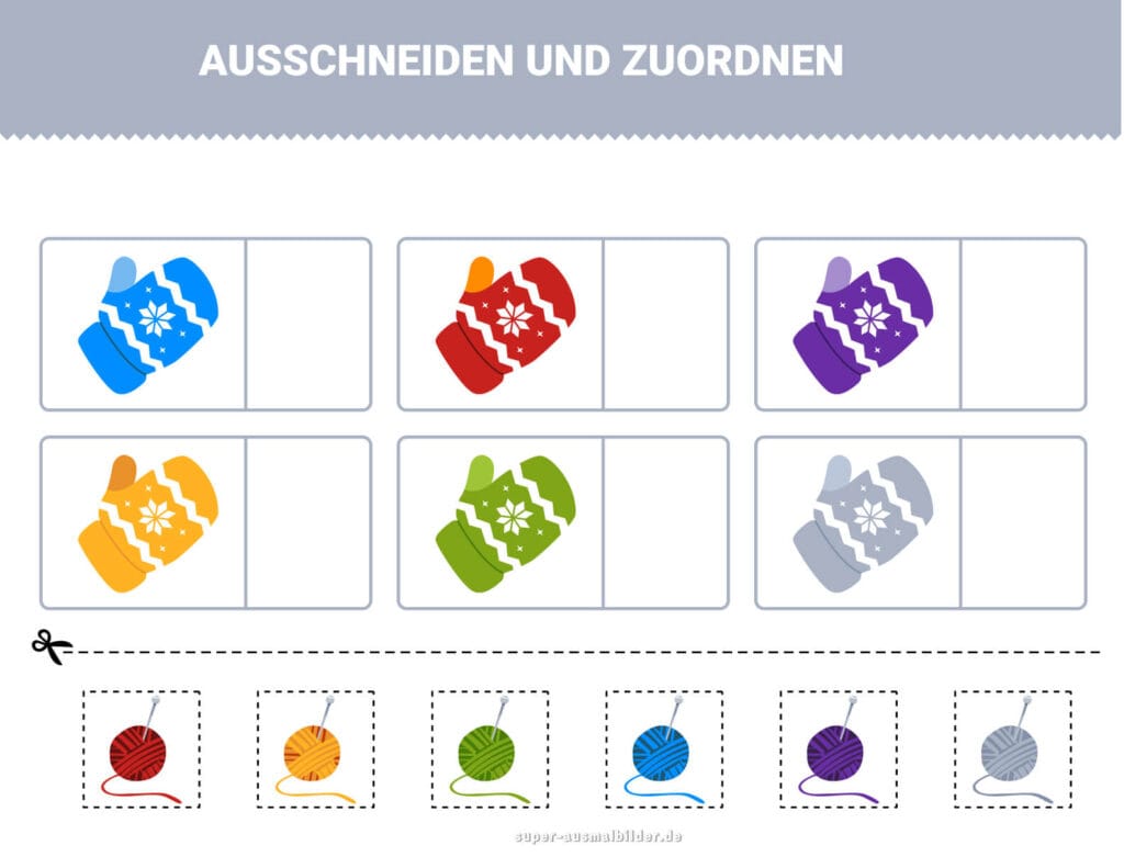 Ausschneiden und Zuordnen Winterhandschuhe mit bunten Wollknäueln, Farben lernen und Feinmotorik trainieren, kostenlos druckbar
