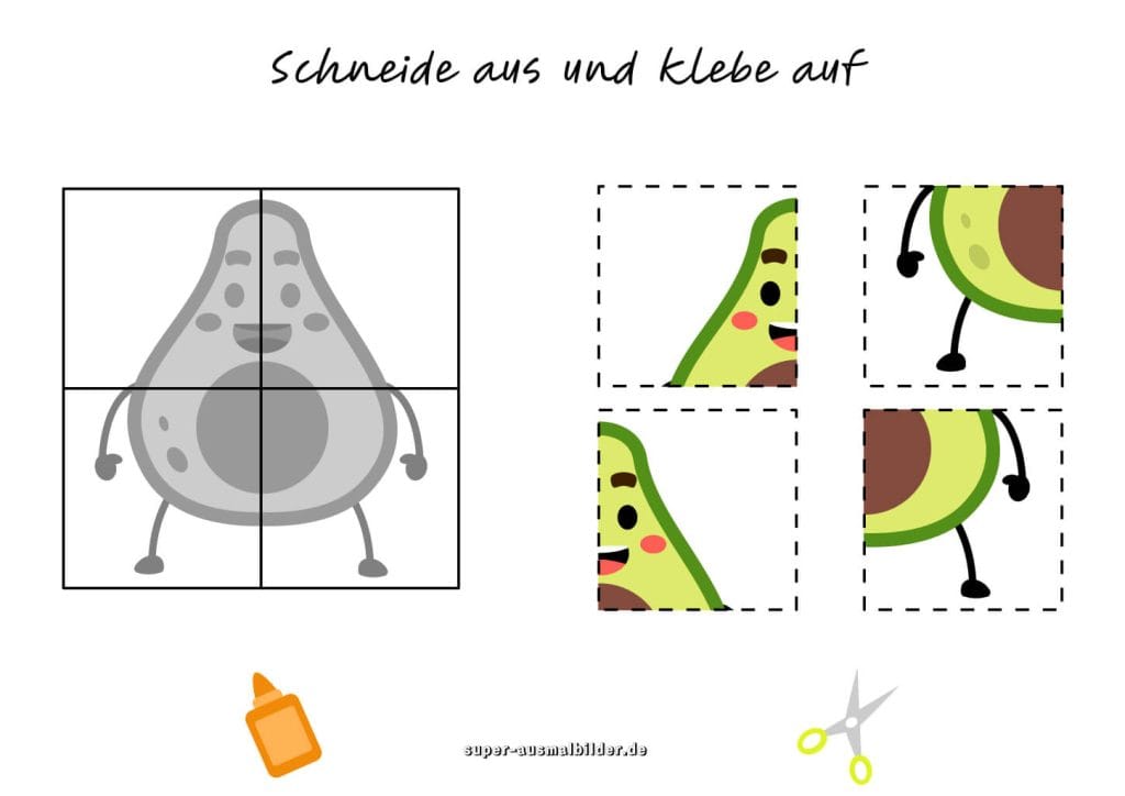 Avocado Ausschneidevorlage für Kinder Schneide und klebe das fröhliche Obst zusammen, gratis Bastelblatt zum Ausdrucken
