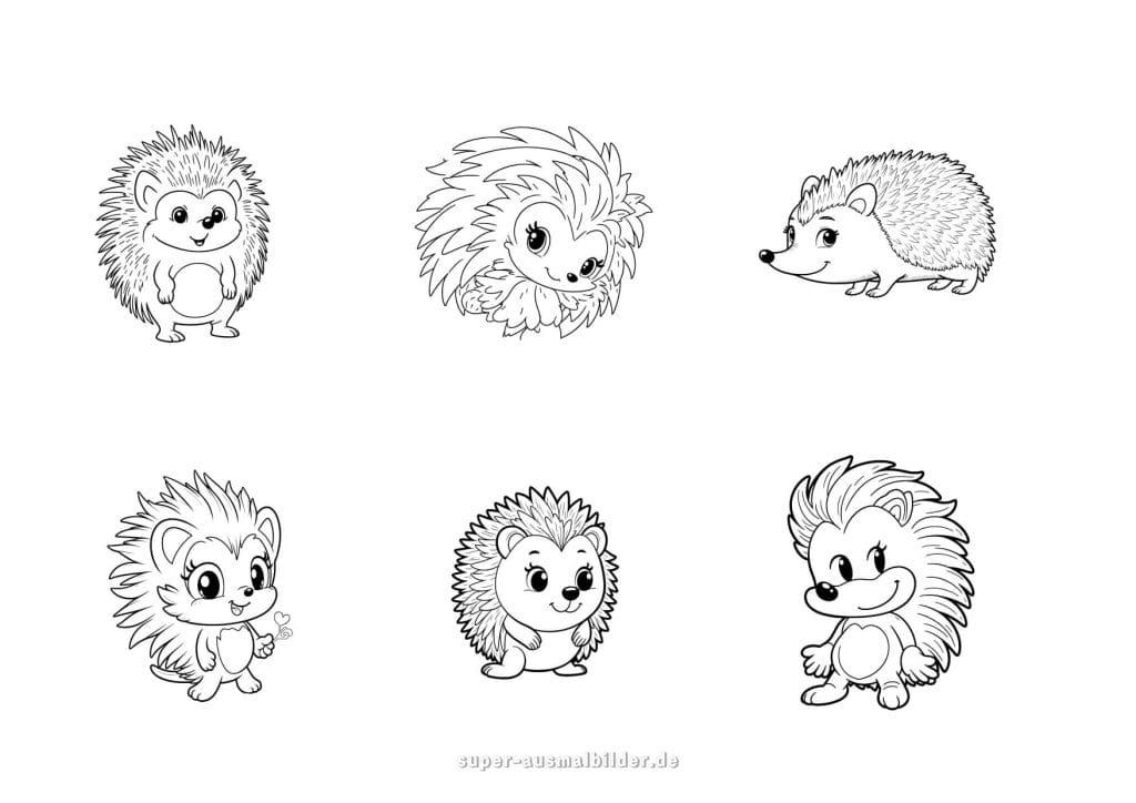 Baby Igel Ausmalbilder – sechs verschiedene niedliche Igelmotive für Kinder, kostenlose Tiermalvorlagen zum Drucken und Ausmalen