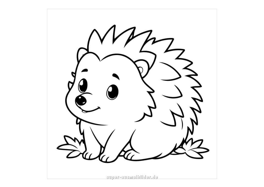 Baby Igel – süßer kleiner Igel sitzt auf der Wiese, einfache Malvorlage für Kinder zum kostenlosen Ausdrucken