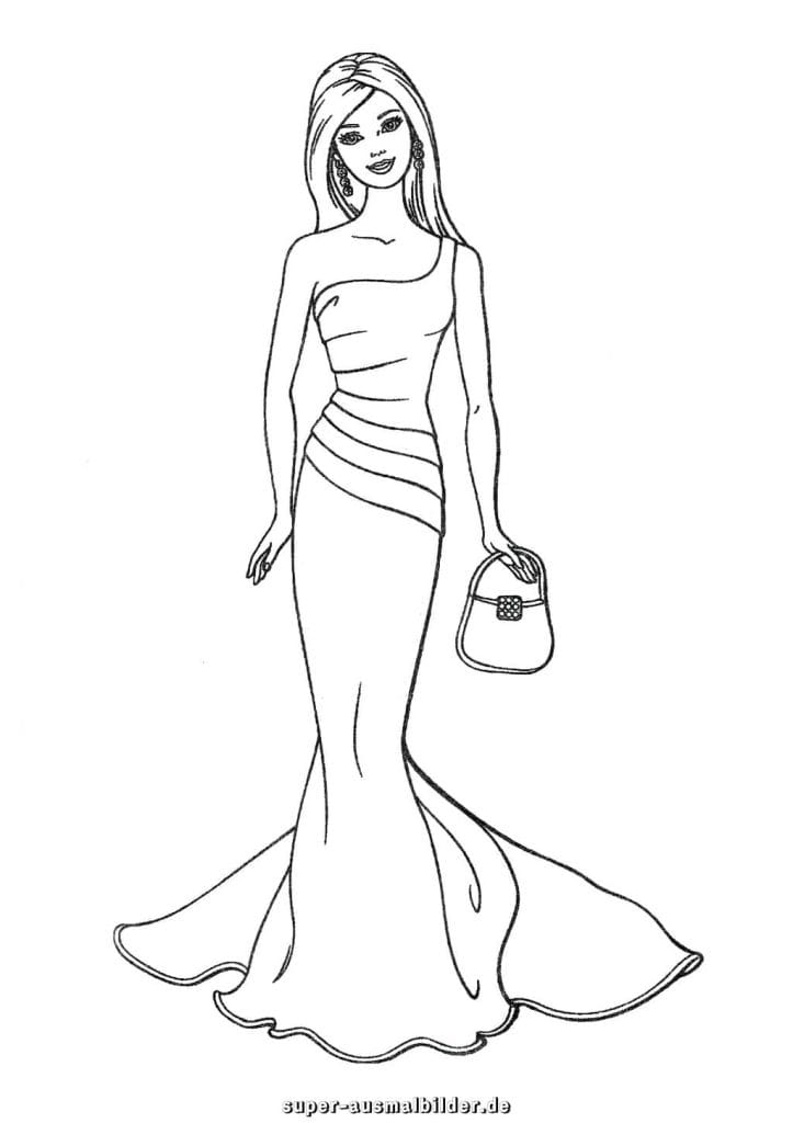 Barbie Abendkleid Malvorlage – elegante Barbie im langen Kleid mit Handtasche, Mode Ausmalbild kostenlos zum Drucken