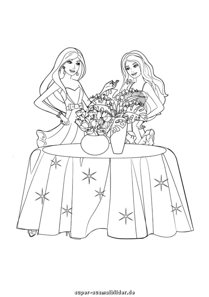 Barbie Blumen Malvorlage – zwei elegante Barbie Freundinnen mit Blumenvasen, kostenlose Ausmalbilder zum Ausdrucken