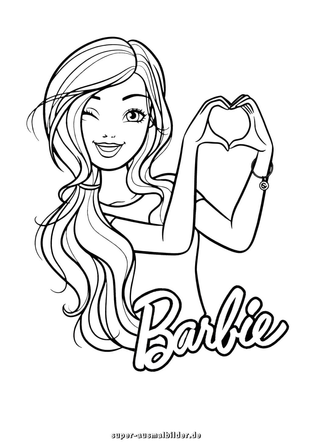 Barbie Herz Malvorlage – lächelnde Barbie formt Herz mit Händen, kostenlose Ausmalbilder zum Drucken für Kinder