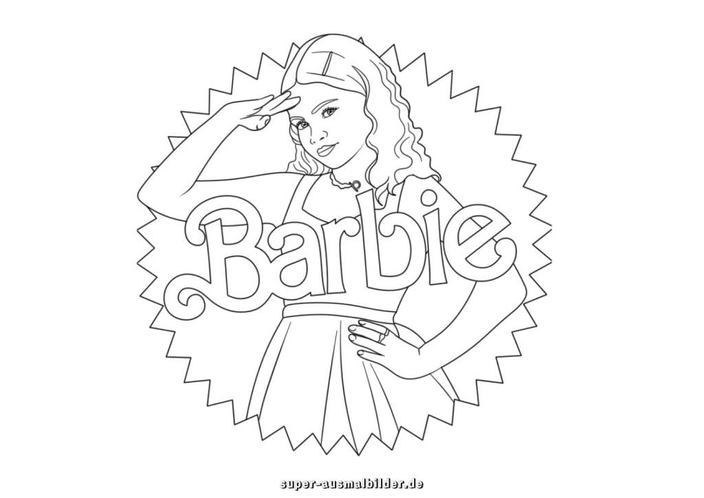 Barbie Logo Malvorlage – Modepuppe mit Handgruß vor Schriftzug, Ausmalbild zum kostenlosen Herunterladen und Ausdrucken