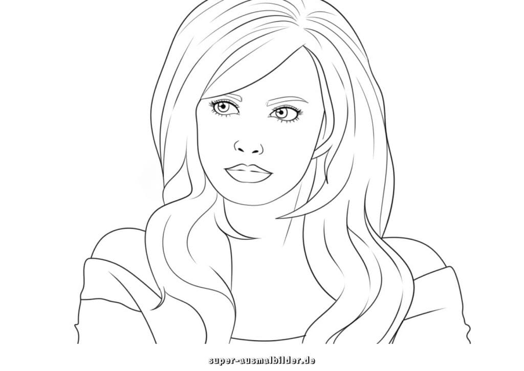 Barbie Porträt Malvorlage – stilvolle Barbie mit langen Haaren, kostenloses Ausmalbild zum Drucken und Herunterladen