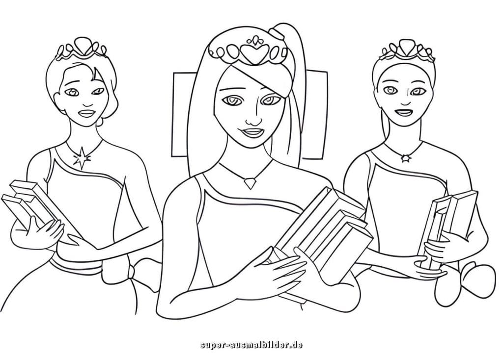 Barbie Prinzessin Akademie Malvorlage – drei Prinzessinnen mit Büchern, kostenlose Ausmalbilder zum Lernen und Spielen