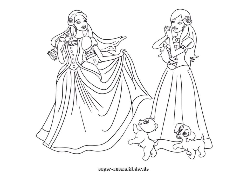 Barbie Prinzessinnen Malvorlage – Zwei elegante Prinzessinnen mit Hunden, kostenlose Ausmalbilder zum Drucken für Kinder