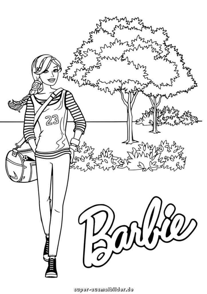 Barbie Sport Malvorlage – lässige Barbie mit Tasche beim Spaziergang im Park, kostenlose Ausmalbilder für Mädchen