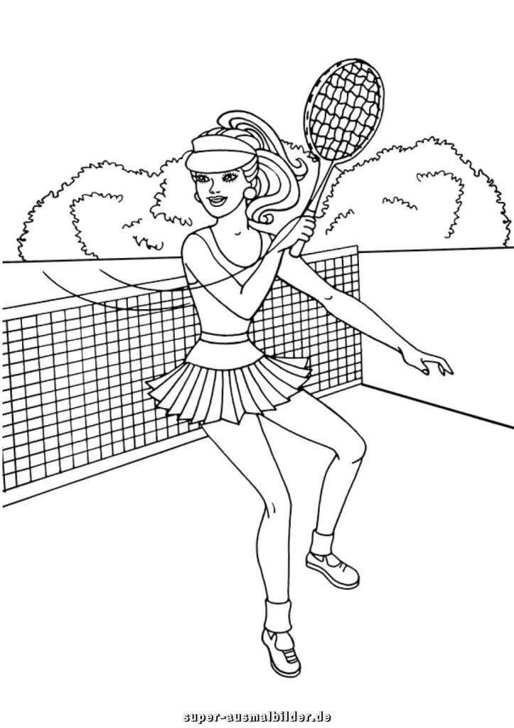 Barbie Tennis Malvorlage – sportliche Barbie mit Schläger auf dem Platz, kostenlose Ausmalbilder für Kinder