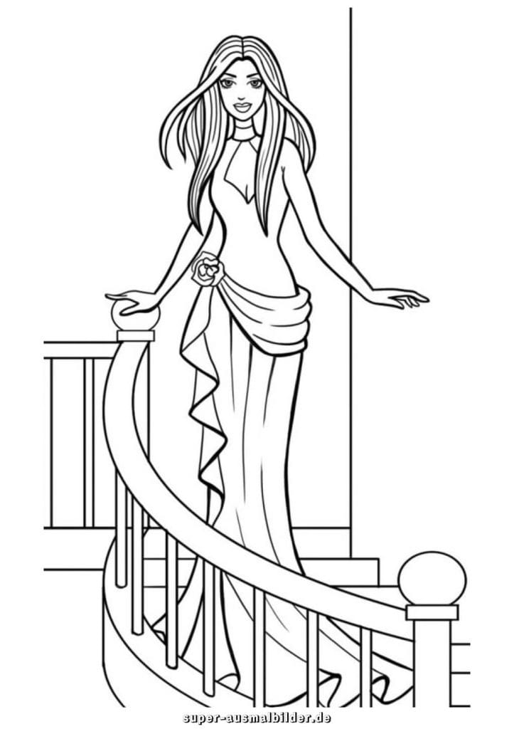 Barbie Treppe Malvorlage – elegante Modepuppe in Abendrobe auf der Treppe, kostenlose Ausmalbilder zum Drucken