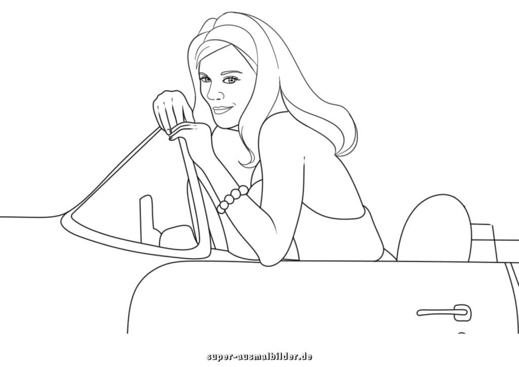 Barbie im Auto Malvorlage – elegante Barbie lehnt sich aus dem Wagen, kostenlose Malvorlage zum Ausdrucken für Fans