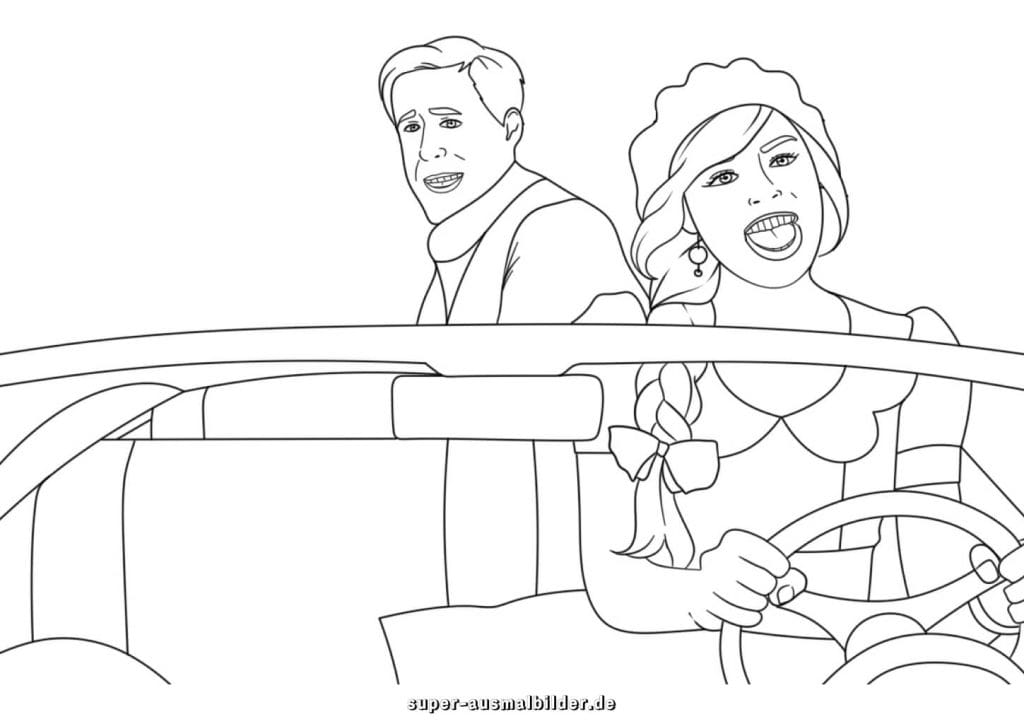 Barbie im Cabrio Malvorlage – lustige Szene mit Barbie und Ken im Auto, kostenlos druckbare Ausmalbilder für Kinder