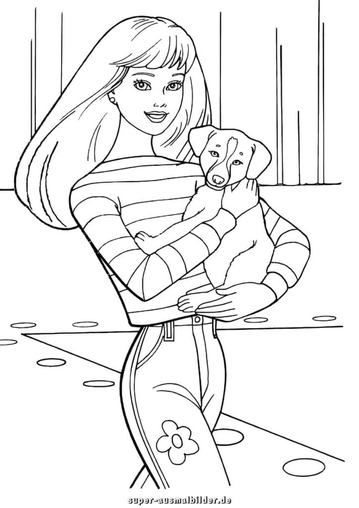 Barbie mit Hund Malvorlage – Barbie hält süßen Welpen im Arm, kostenlose Ausmalbilder zum Ausdrucken für Tierfreunde