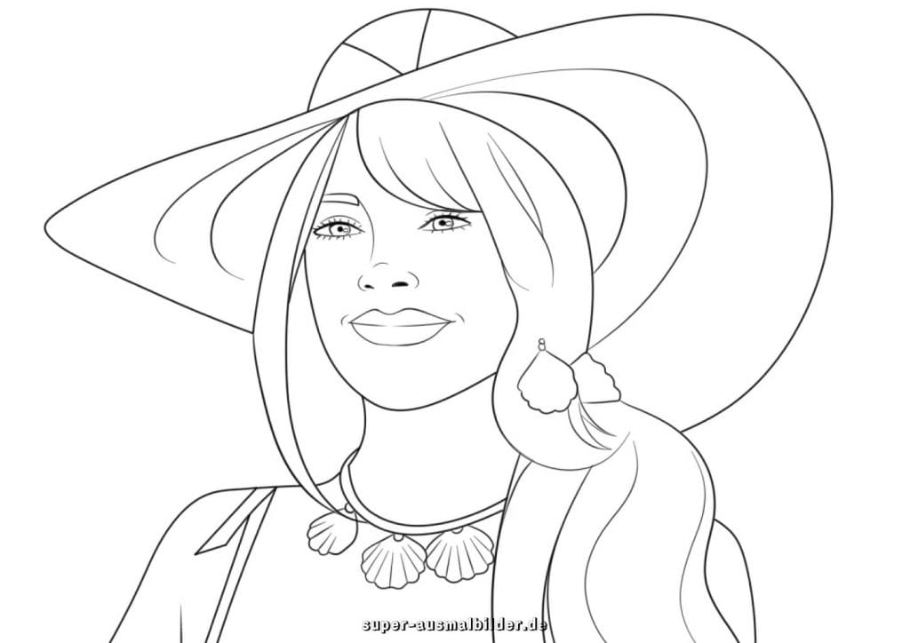 Barbie mit Hut Malvorlage – sommerliche Modepuppe mit großem Hut und Schmuck, kostenlose Ausmalbilder für Mädchen