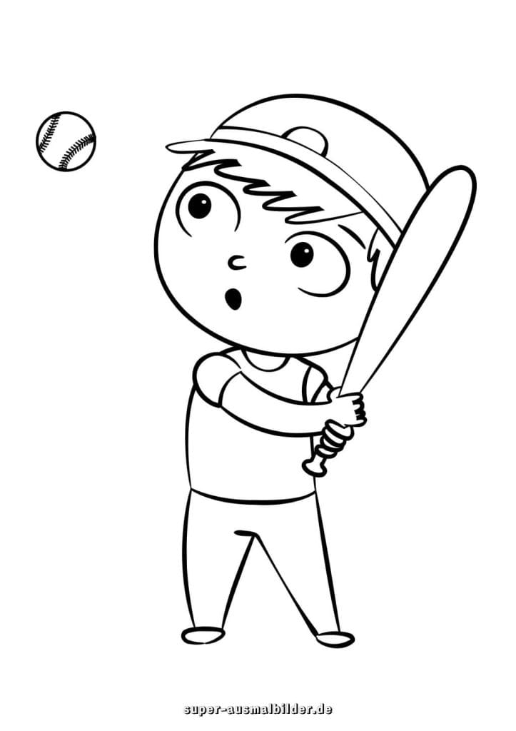 Baseballspieler. Junge mit Schläger sportliches Ausmalbild zum kostenlosen Drucken