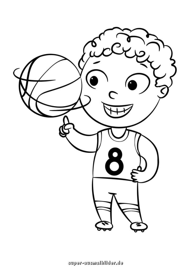 Basketballspieler. Kostenlose Ausmalvorlage mit Ball und Trikot zum Herunterladen und Ausdrucken