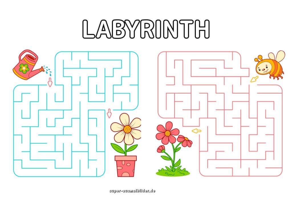 Blumen Labyrinth mit Gießkanne und Biene Lernspiel für Kinder zum Ausmalen und Drucken