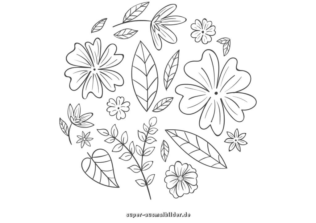 Blumen und Blätter Malvorlage – runde Komposition aus Blättern und Blüten, kreative Ausmalbilder kostenlos für Kinder