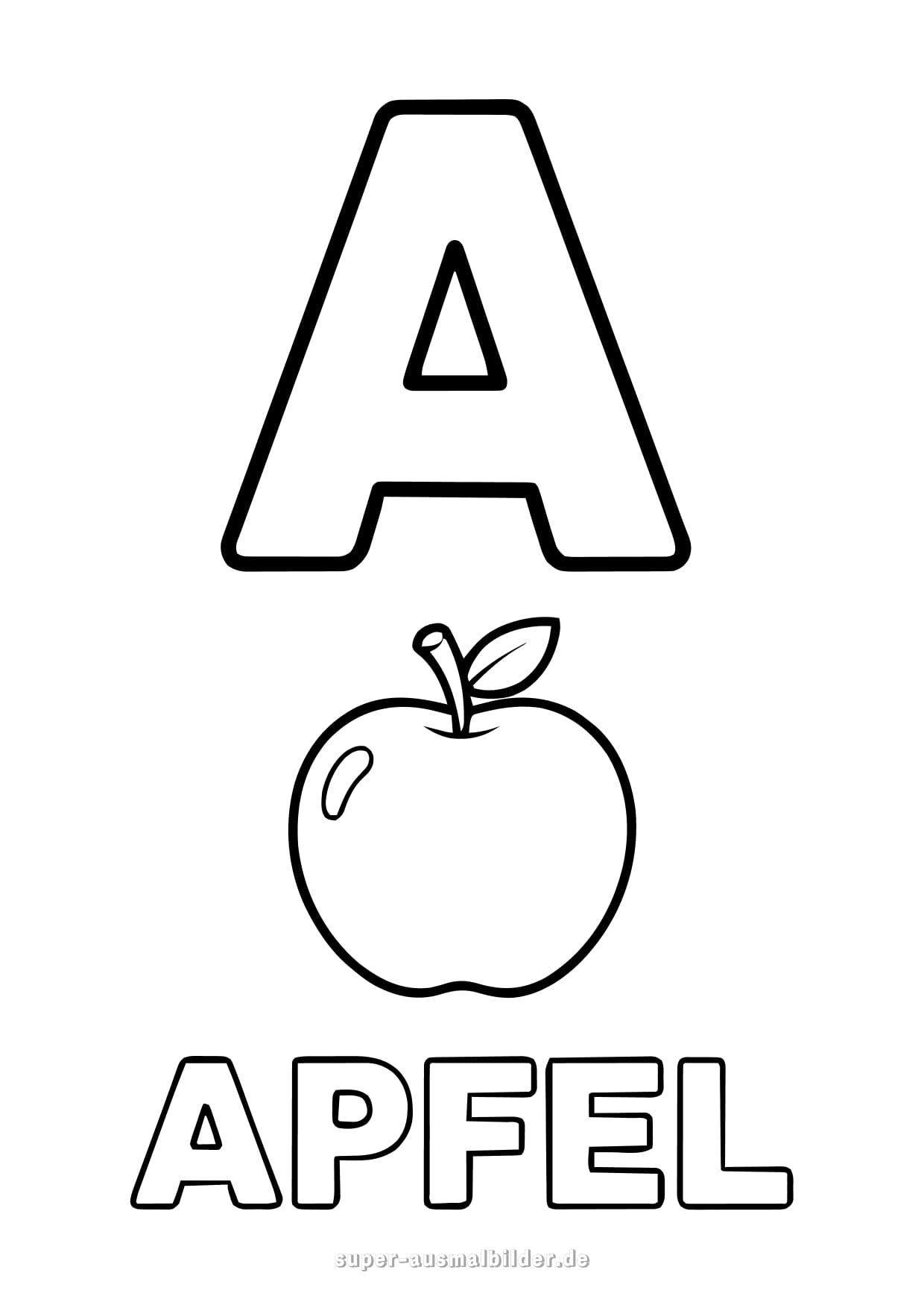 Buchstabe A Ausmalbild – roter Apfel zum Ausmalen, kostenlose Buchstaben zum Drucken und Lernen für Kinder