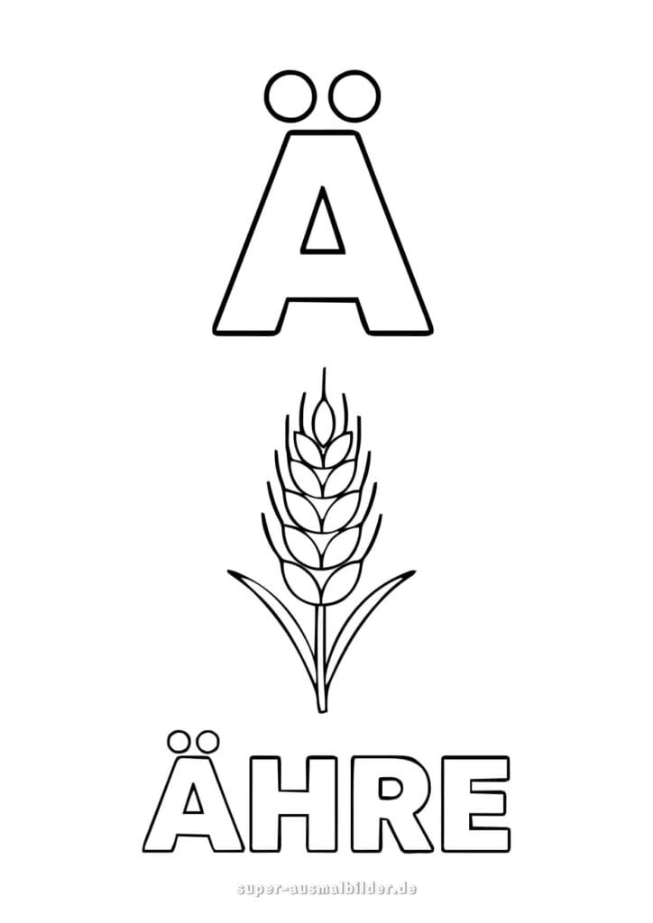 Buchstabe Ä Ausmalbild – Ähre von Weizen, Lernvorlage mit Umlaut Ä, Buchstaben zum Ausdrucken und Ausmalen, kostenlos für Kinder