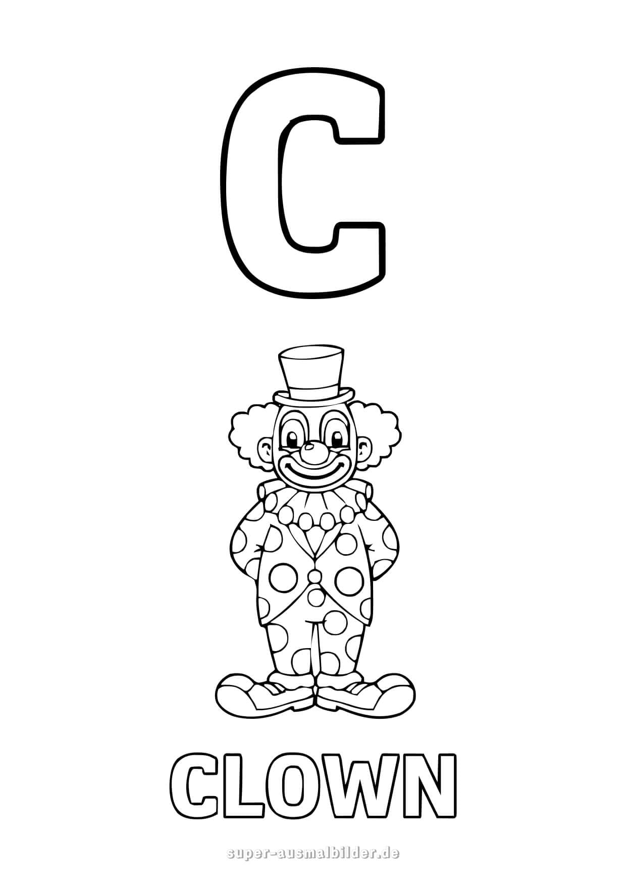 Buchstabe C Ausmalbild – lustiger Clown mit Hut, kostenlose Buchstaben zum Ausdrucken und Ausmalen für Kinder