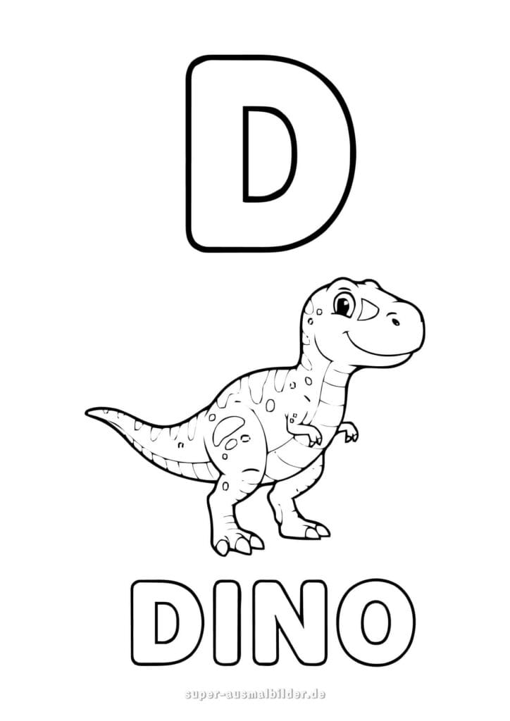 Buchstabe D Ausmalbild – Dinosaurier Dino zum Ausmalen, kostenlose Buchstaben Malvorlage für Kinder